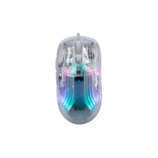 Mouse gamer TEROS TE-1216G, 2 botones, RGB, transparente